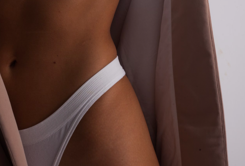 Close-up of woman wearing breathable cotton underwear.